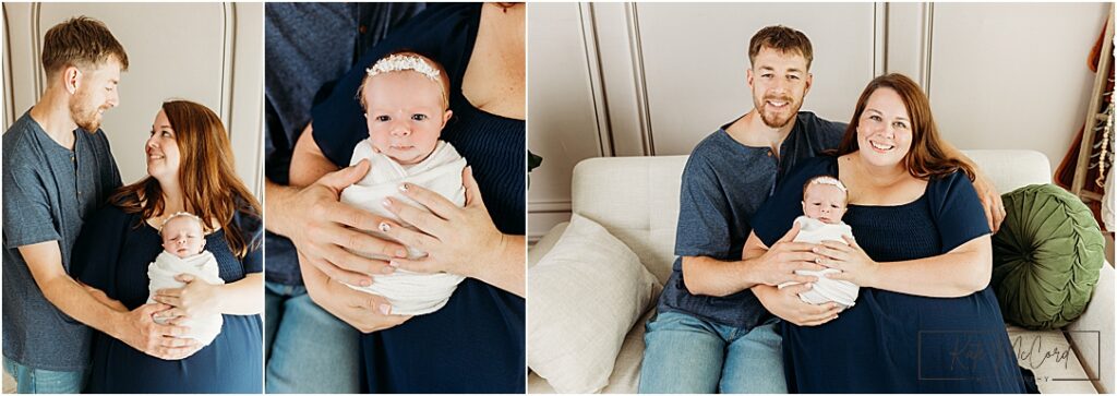 Harrisburg PA collage featuring family portraits with baby girl wrapped in soft neutral tones, documenting the emotional connection between parents and their newborn daughter.