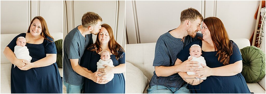 Collage featuring baby girl with mom and dad on a neutral studio couch, capturing family connection and first portraits together in a calm, timeless newborn session.