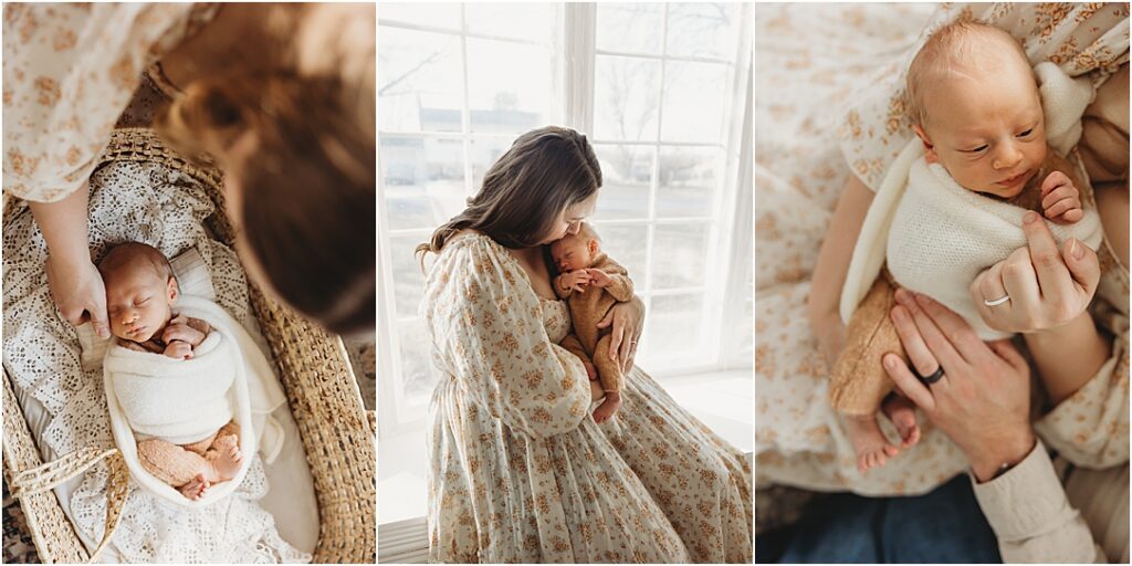Candid in-home lifestyle newborn session showing a mom and baby in a quiet moment, York PA newborn photographer.