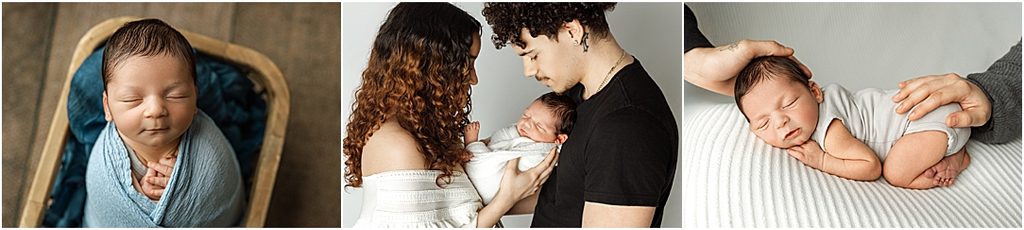 Newborn baby photographed in a soft blue wrap, with intimate portraits of the baby and parents during a studio newborn session.