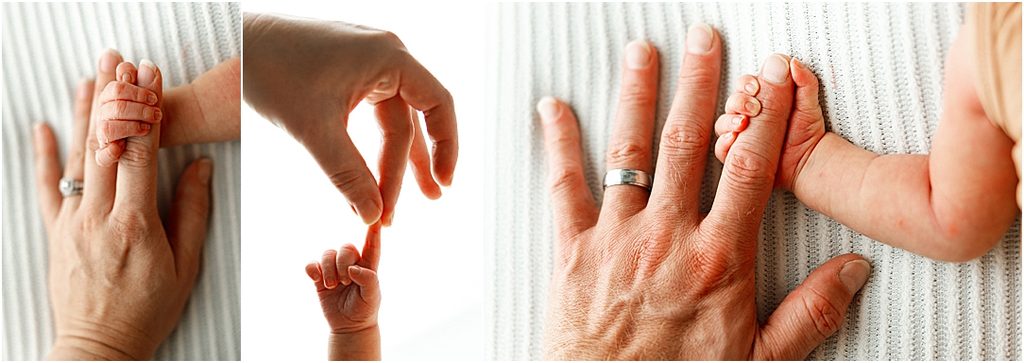 Close-up newborn detail photos showing a baby’s tiny hands and feet next to a parent’s hands.