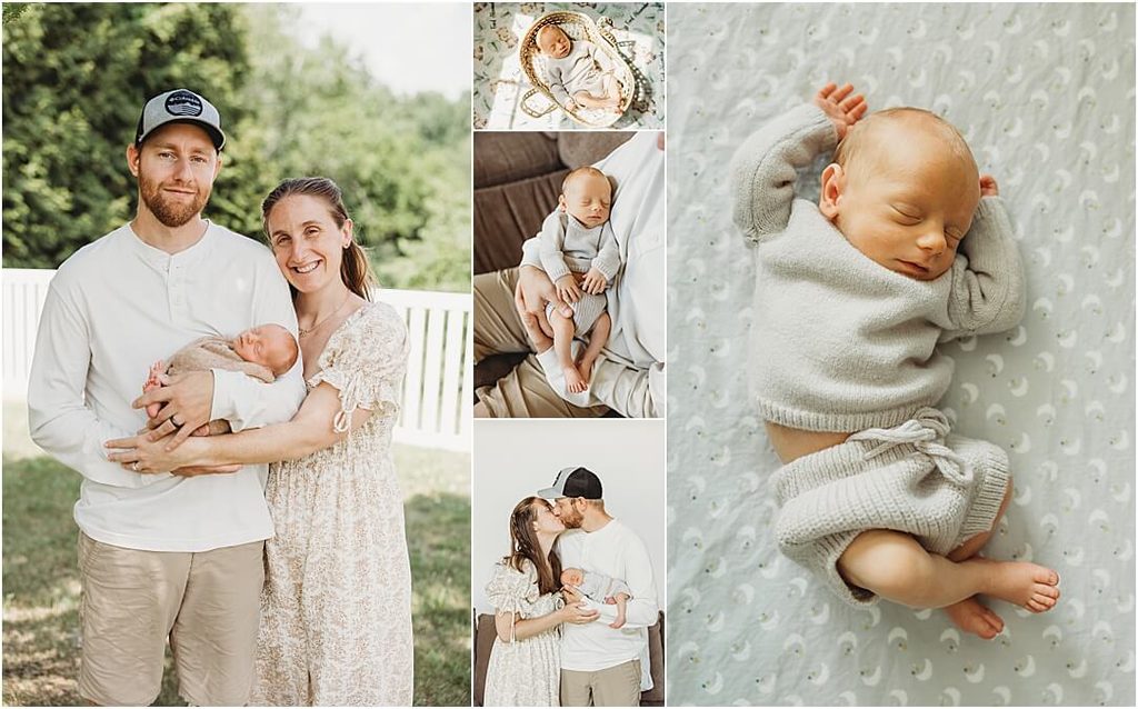 Parents cuddling their newborn baby during a relaxed in-home newborn session with natural family and baby portraits.