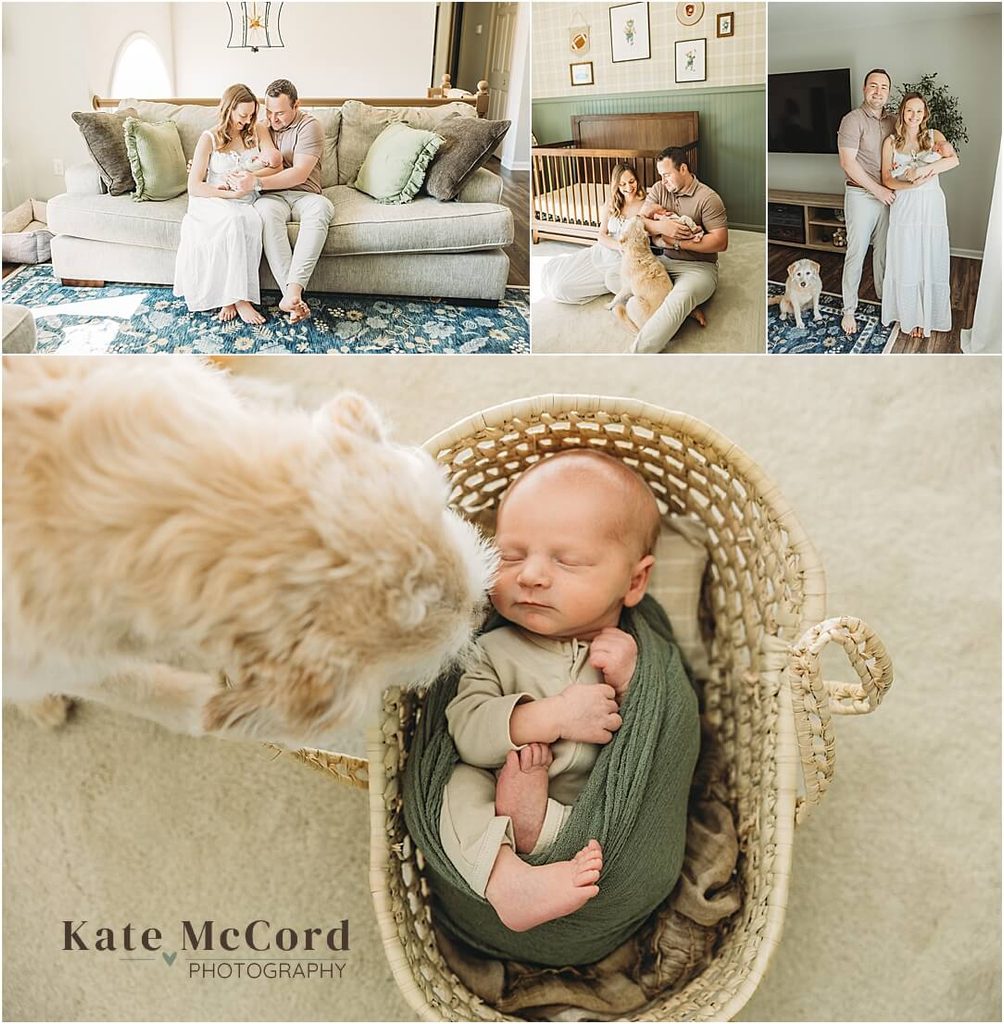 Parents cuddling their newborn baby at home, with their family dog included in relaxed lifestyle newborn portraits.