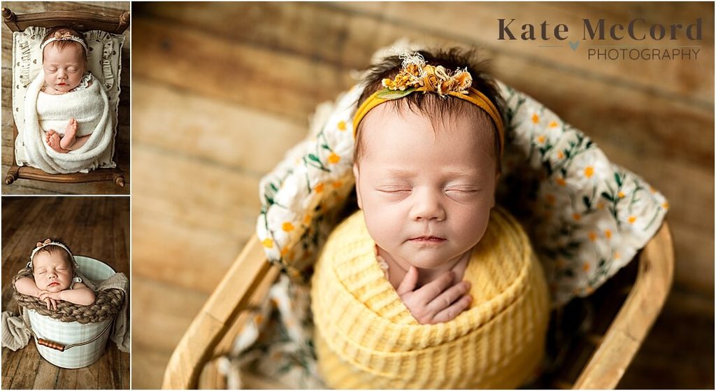 Sleeping newborn baby girl photographed in three soft, warm studio setups with floral headbands and neutral and yellow wraps.