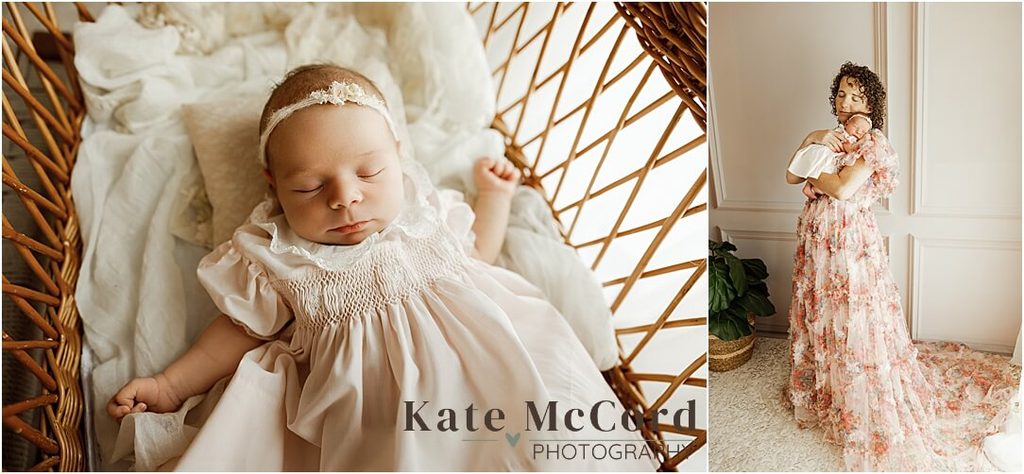 Newborn baby girl in a cream dress alongside a portrait of her mother holding her during a soft, floral studio newborn session.