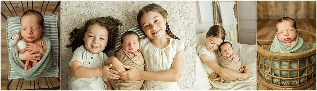 Newborn baby boy photographed alone and with his two older siblings in soft neutral studio setups with sage green and tan accents.